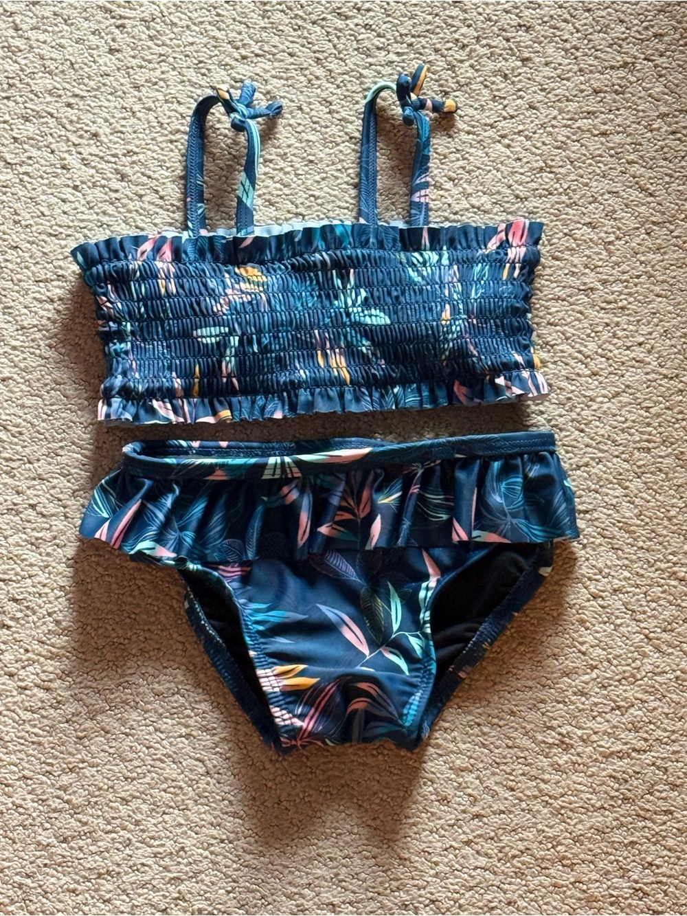 Old Navy Blue Tropical Print Girls Two-Piece Ruffle Swim Set